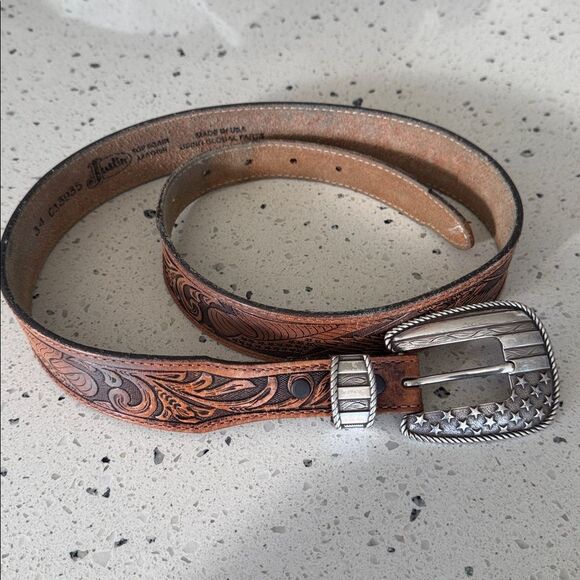 Justin Brown Leather Belt Silver-Tone Buckle USA Flag Western Embossed Size 34 - Picture 1 of 13